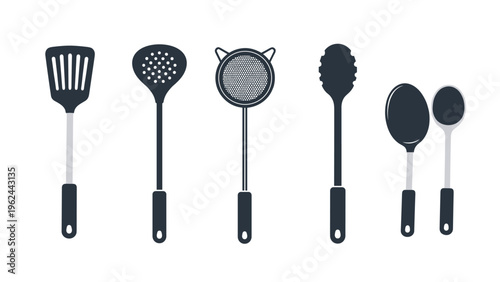 Silhouettes of six common black kitchen utensils including a spatula skimmer strainer and spoons on a white background.
