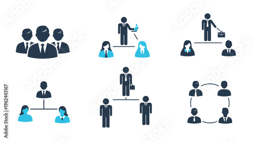 Six different diagrams using blue and black icons to represent corporate business hierarchy and team structures.