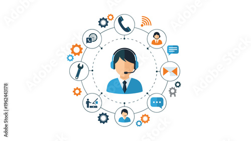 Customer support representative with a headset surrounded by various business and communication icons in a circle.