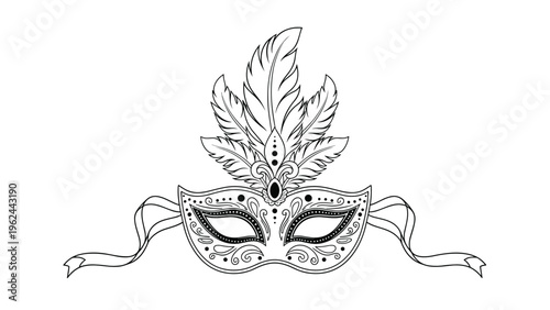 Detailed black and white line drawing of a fancy masquerade mask with large feathers and ribbons for a festive party.