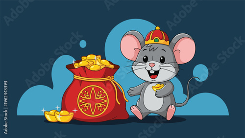 Cute gray mouse character wearing a traditional crown standing next to a large red bag filled with sparkling gold coins and ingots.