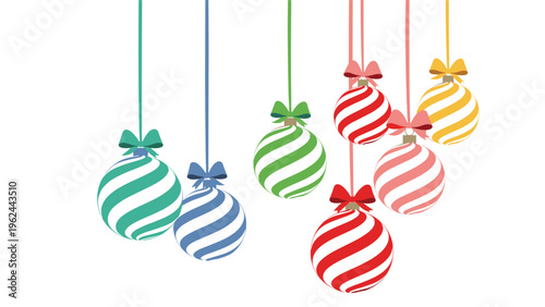 Group of seven colorful hanging christmas baubles with white stripes and bows isolated on a plain white background for the holidays.