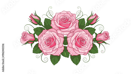 Beautiful bouquet of pink roses with green leaves and delicate water droplets arranged on a clean white background for romance.