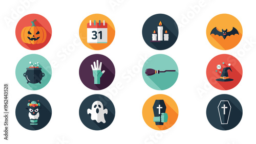 Comprehensive set of twelve flat design halloween icons including pumpkins ghosts bats and other spooky elements on colorful circles.