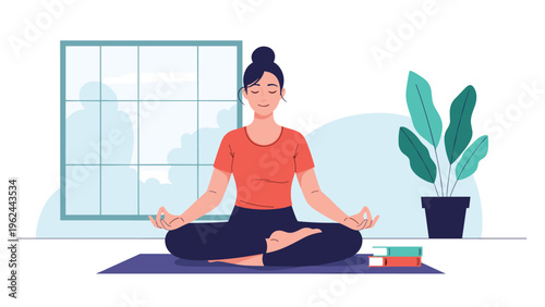 Young woman practicing yoga in a peaceful lotus position inside a bright room with a large window and a potted plant for wellness.