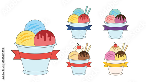 Collection of five colorful ice cream cups with various scoops of gelato topped with chocolate syrup cherries and wafer sticks.