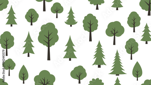 Seamless pattern of different green tree silhouettes including pines and leafy trees on a clean white background for nature themes.