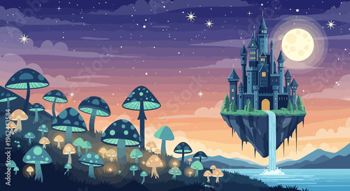 whimsical fantasy floating castles and bridges in clouds illustration