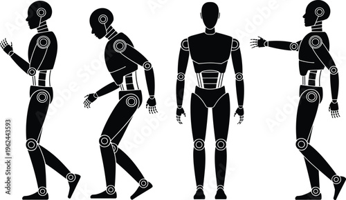 Set of four black silhouette figures of a humanoid robot in various poses showcasing movement and articulation