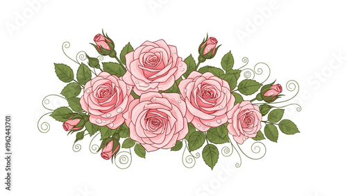 Large and lush bouquet of many pink roses with green leaves and delicate floral accents arranged on a plain white background.