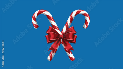 Two crossed red and white striped candy canes tied together with a large festive red ribbon against a solid blue background.