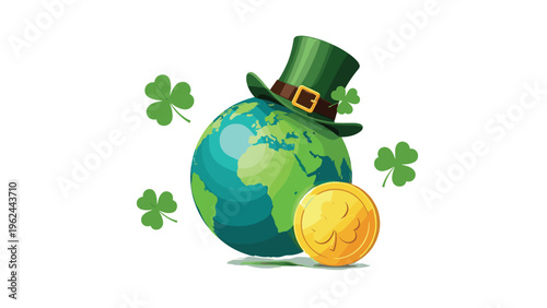 Earth globe wearing a green leprechaun hat surrounded by a gold coin and shamrocks to celebrate saint patricks day worldwide.