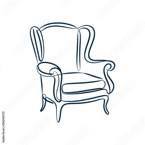 A minimalist line drawing depicts a classic armchair with curved arms and a cushioned seat