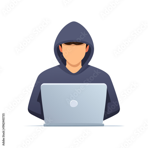Anonymous hacker in hoodie using laptop for cybercrime and data theft illustration