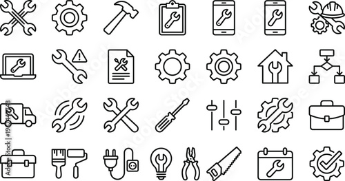 Maintenance and Repair Line Icon Set Featuring Tools, Equipment, Service, Engineering, Technical Support, and Construction Symbols for Web, Apps, and Industrial Design