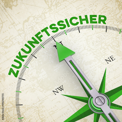 Grüner Kompass zeigt auf Schriftzug „Zukunftssicher“ als Konzept