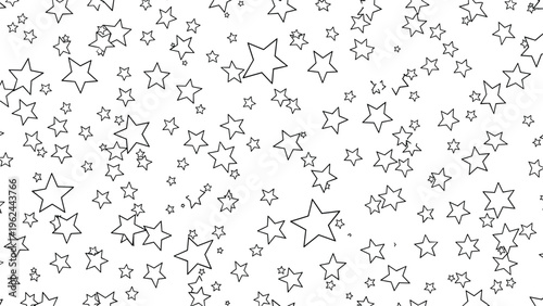Simple black and white outline pattern of numerous five pointed stars of varying sizes scattered across a plain white background.
