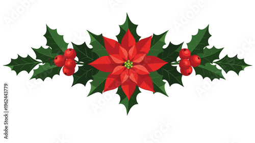 Beautiful christmas decoration featuring a bright red poinsettia flower surrounded by green holly leaves and red berries.