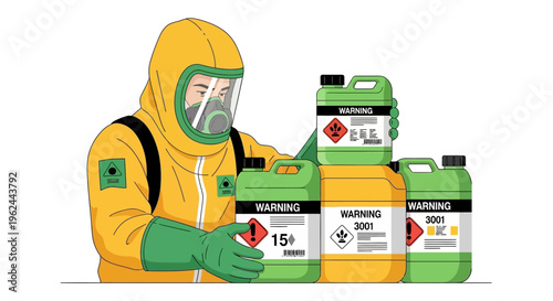 Person in yellow hazmat suit handling green and yellow chemical containers with warning labels