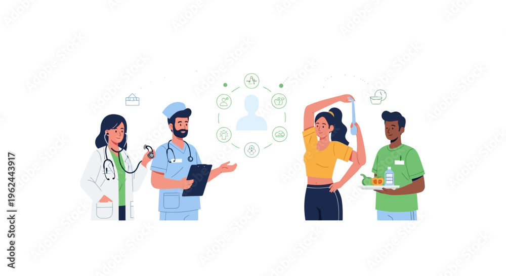 Fototapeta premium Holistic Health and Wellness Program: Doctors, Nutritionist, and Fitness Coach Guiding a Healthy Lifestyle Journey