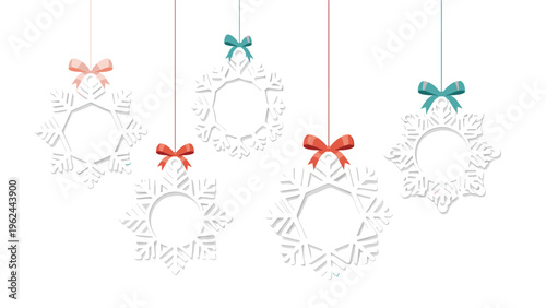 Hanging snowflake-shaped Christmas ornaments with red, pink, and blue bows for winter holiday greeting cards and festive decorations.
