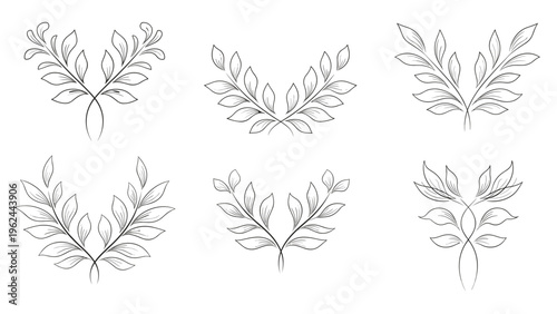 Collection of six hand-drawn laurel wreaths and leafy branch arrangements for award logos, organic branding, and minimalist crest designs.