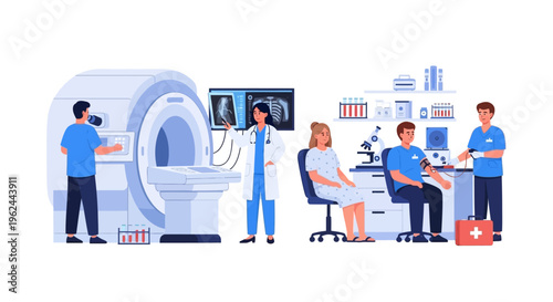 Comprehensive Medical Examinations & Diagnostics: Doctors, Patients, MRI Scans, and Lab Tests for Healthcare and Wellness