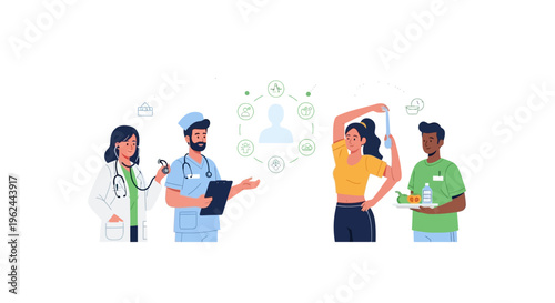 Holistic Health and Wellness Program: Doctors, Nutritionist, and Fitness Coach Guiding a Healthy Lifestyle Journey