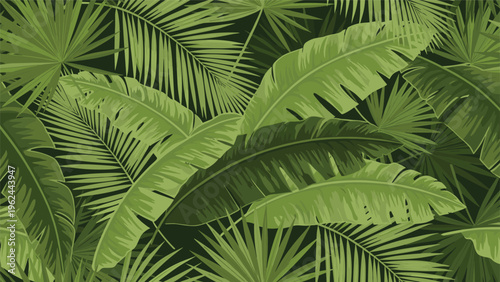 Lush tropical pattern with various green palm and banana leaves creating a dense jungle foliage background for summer fabric prints.