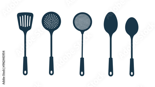Dark blue silhouettes of five essential kitchen utensils including spatulas, skimmers, and spoons for cooking and culinary designs.