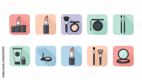 Collection of flat design makeup and beauty icons including lipstick, brushes, and powders for cosmetics branding and app interfaces.