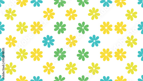 Cheerful seamless pattern with simple colorful yellow, green, and blue flowers on a white background for spring and summer crafts.