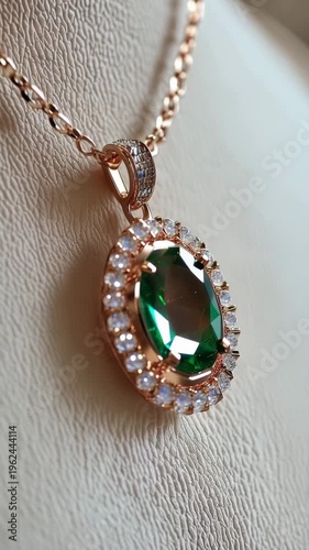 Beautiful green gem pendant necklace on display in boutique store near city center during afternoon