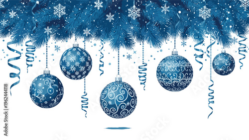 Beautiful blue Christmas ornaments with white patterns hanging from snow-covered pine branches with ribbons and festive sparkles.