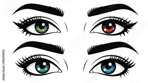 Set of four stylized female eye illustrations with different iris colors including green, brown, blue, and hazel for beauty and makeup designs.