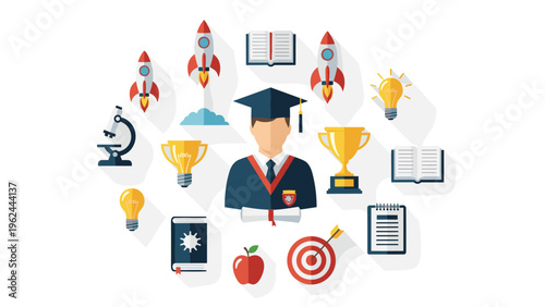 Education-themed infographic with graduate student avatars and icons for science, learning, and academic success in a flat style.