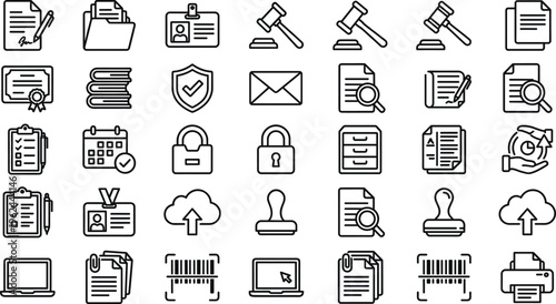 Modern Office and Business Line Icon Set Featuring Documents Security Communication and Workflow Symbols for Web Apps UI and Corporate Design