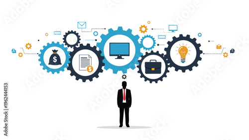 Conceptual infographic of a businessman with interlocking gears as a brain, surrounded by various business and productivity icons.