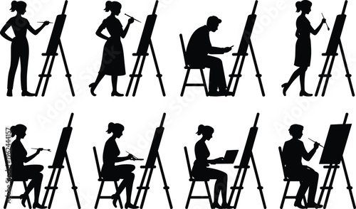 Silhouettes of artists painting at easels in various poses and settings, some using laptops canvas