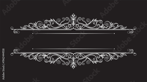 Highly detailed ornate white calligraphic frame with intricate swirls and flourishes on a solid black background for premium design.