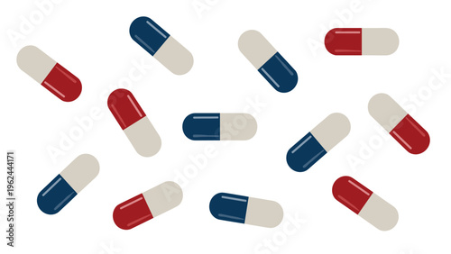 Assorted red and blue medical capsule pills scattered randomly across a white background in a simple flat vector style.