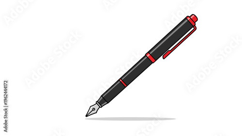 Elegant black and red fountain pen illustrated in a clean vector style with a soft shadow on a plain white background.