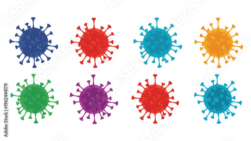 Set of colorful coronavirus or bacteria icons arranged in a grid showing different viral structures for medical use.