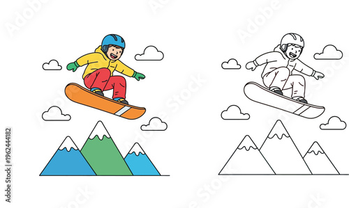 Kid Snowboarder Jumping in Winter Mountains Vector Illustration Set - Colorful and Black White Coloring Page Outline Version for Children Activities and Education