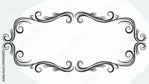Ornate black and white vintage frame design featuring elegant curly flourishes to create a decorative border element.