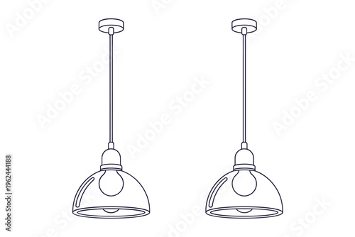 Two simple line drawings depicting vintage style pendant lights with bell shaped shades high quality professional