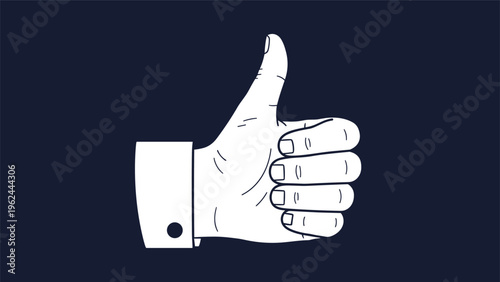 Simple black and white line drawing of a human hand giving a thumbs-up gesture against a solid dark blue background.