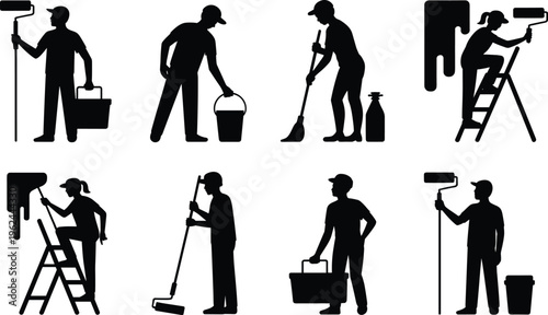 Silhouettes of people engaged in painting and cleaning activities with rollers buckets and mops