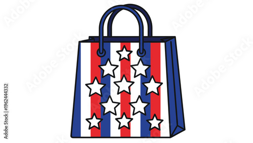 Shopping bag decorated with the patriotic stars and stripes of the American flag for holiday sales and promotions.
