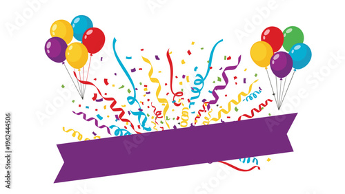 Festive burst of colorful confetti and streamers with balloons and a large purple banner for celebration text.